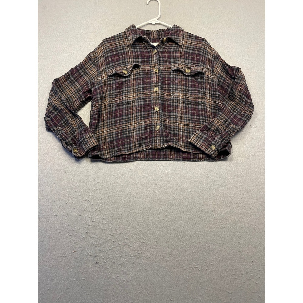 American Eagle Shirt Flannel Plaid Burgundy Tan Small Womens